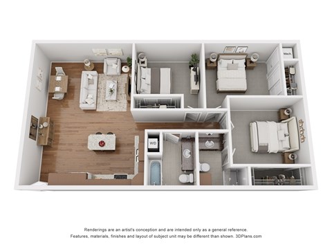 Floor plan for 3 beds, 2 baths, 1277 sqft